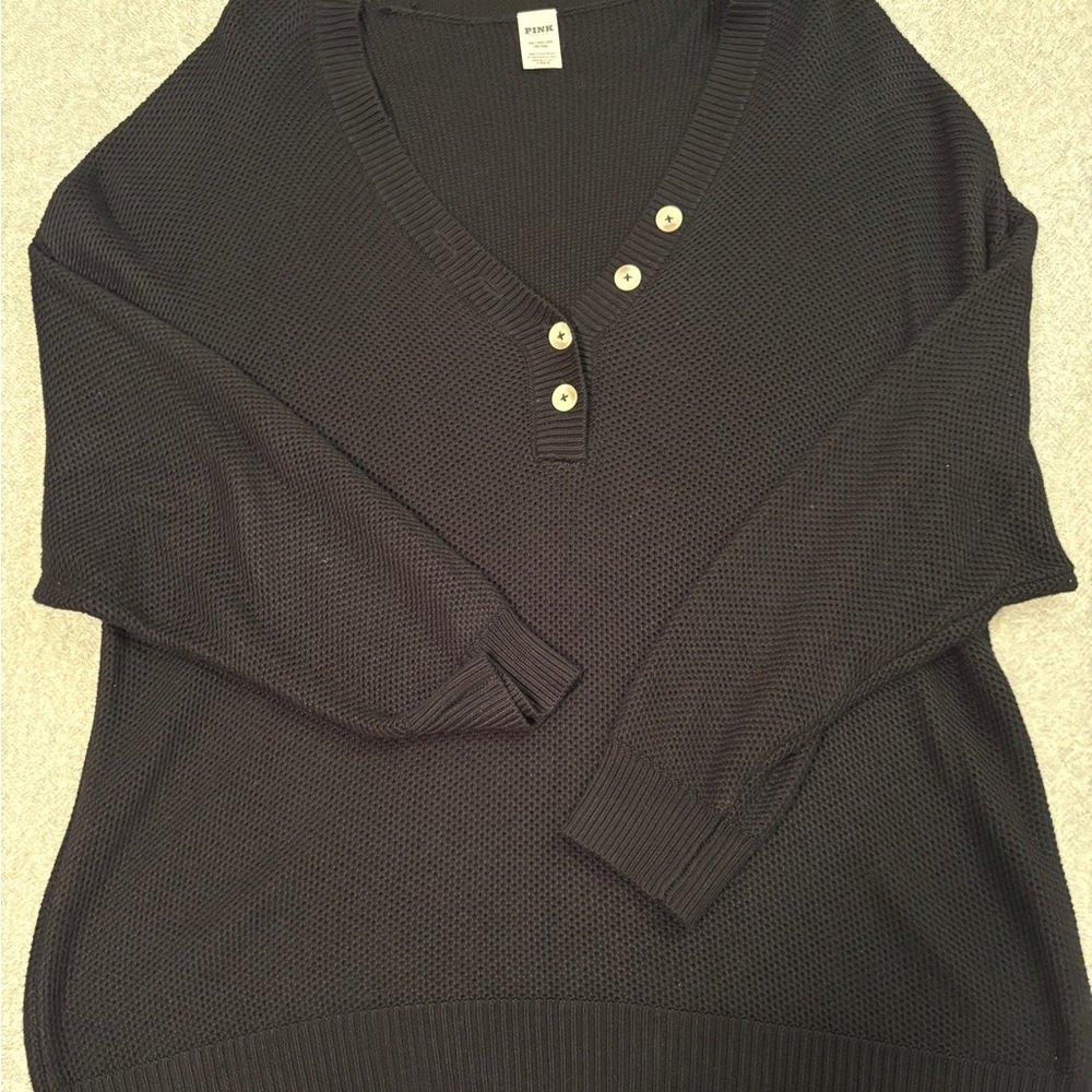 PINK Victoria's Secret Black V-Neck Henley Sweater